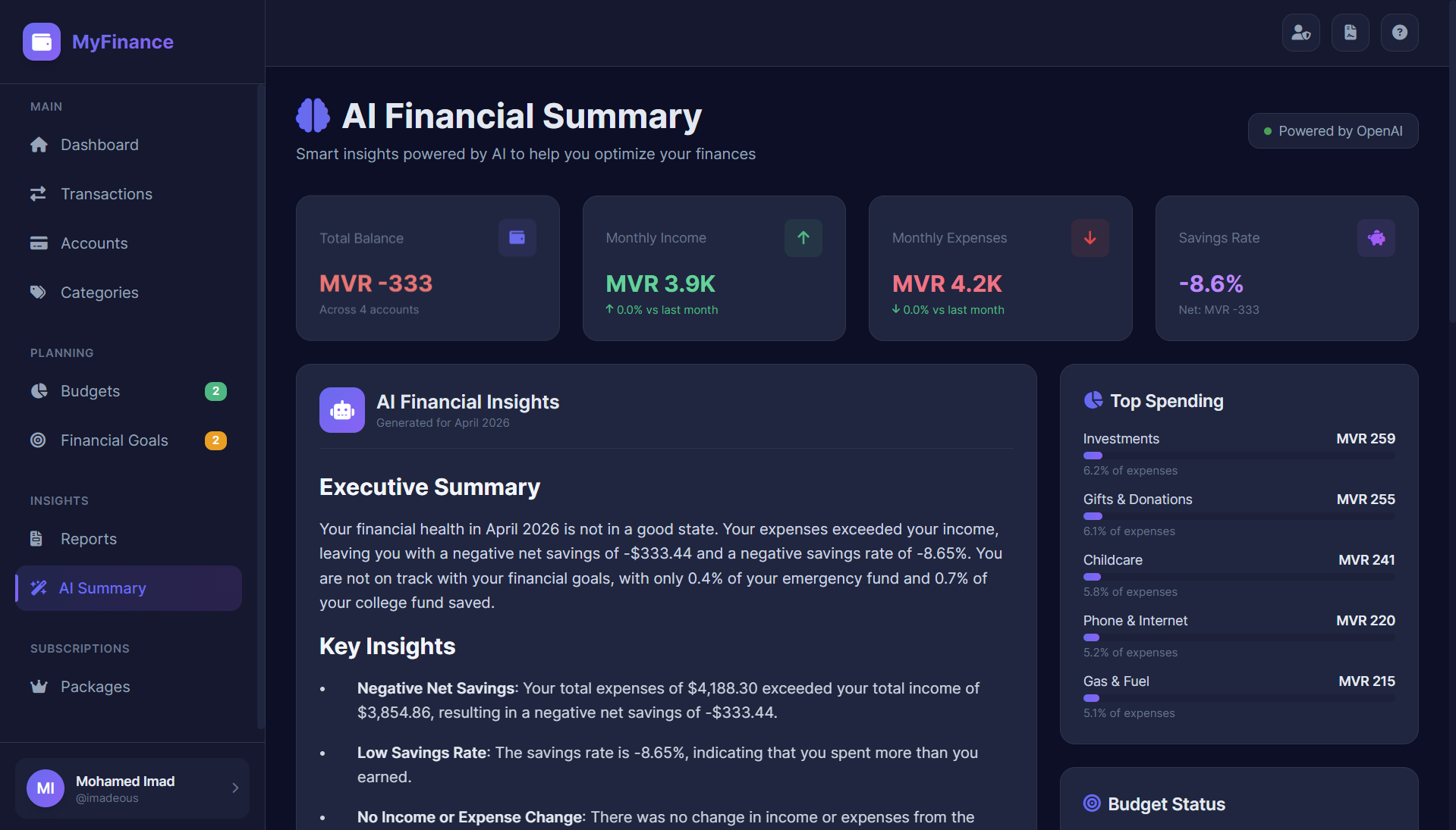 MyFinance AI Financial Insights Overview